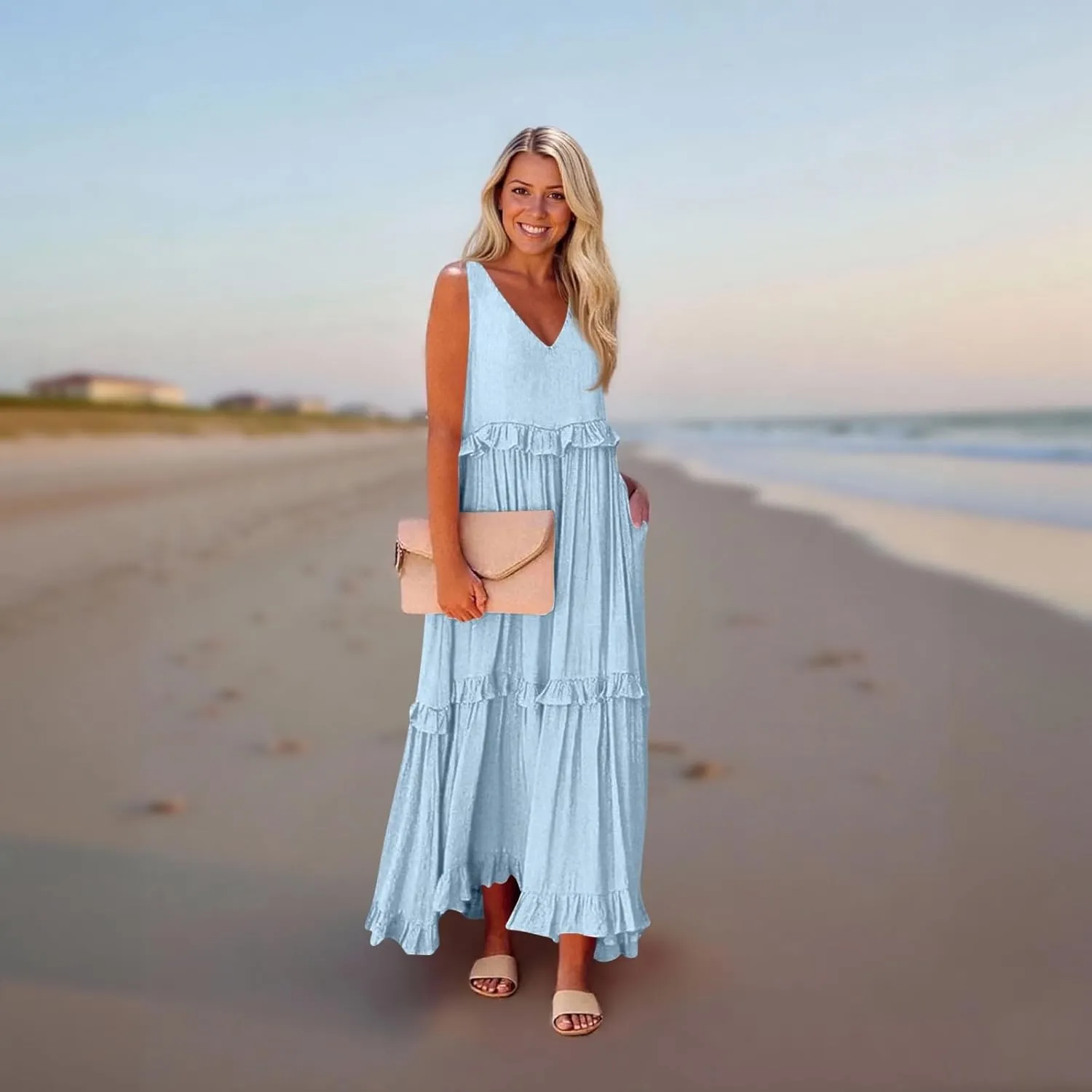 Plus Size Dresses for Curvy Women Summer Casual V-Neck Smocked Maxi Dress Loose Flowy Ruffle Sundress with Pockets
