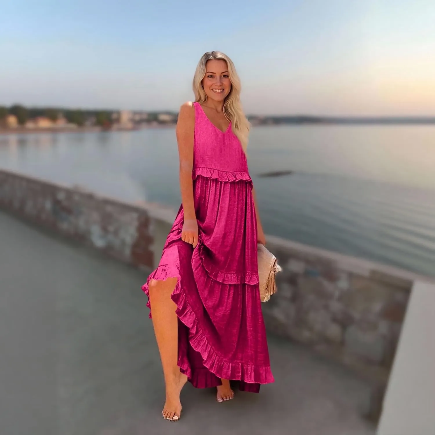 Plus Size Dresses for Curvy Women Summer Casual V-Neck Smocked Maxi Dress Loose Flowy Ruffle Sundress with Pockets