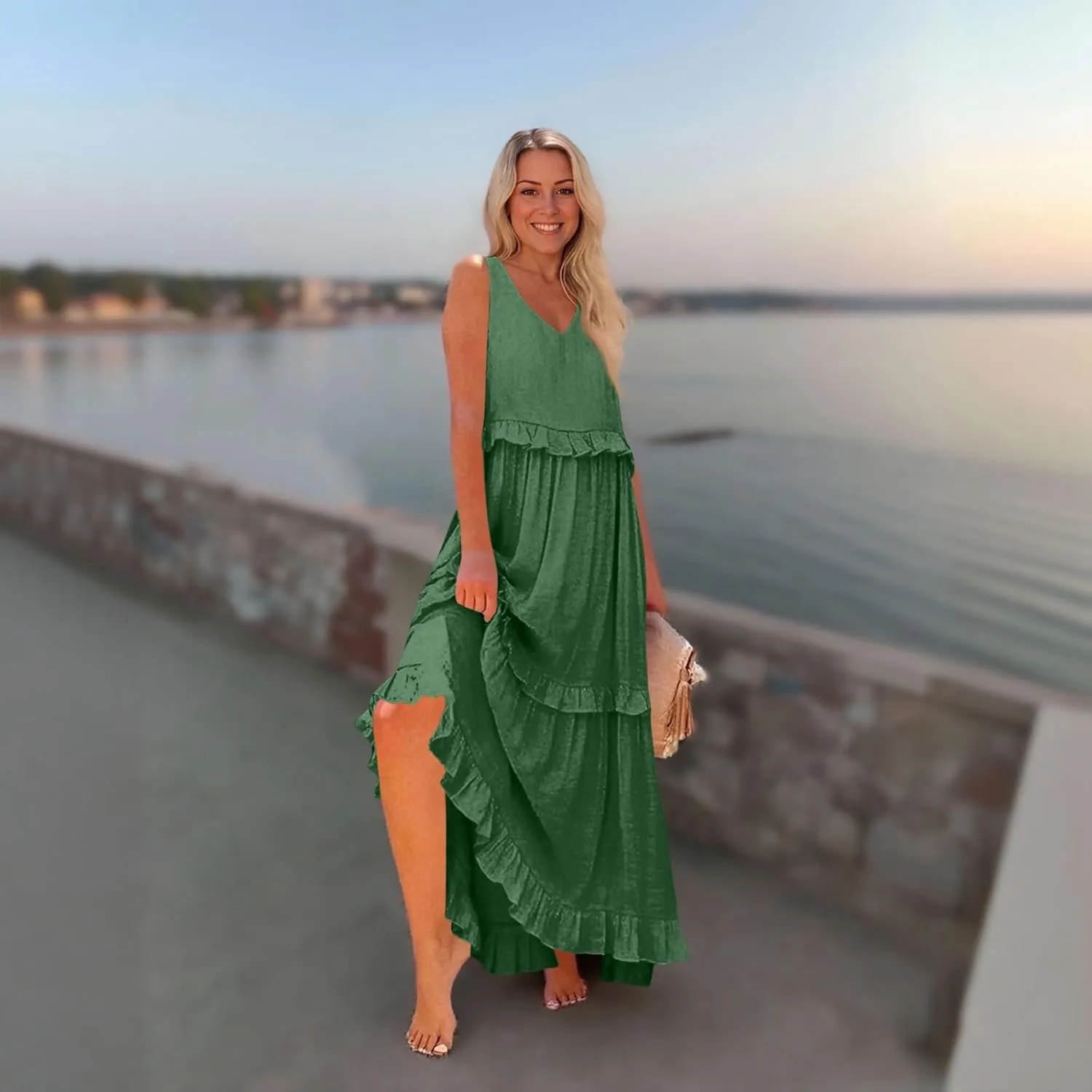 Plus Size Dresses for Curvy Women Summer Casual V-Neck Smocked Maxi Dress Loose Flowy Ruffle Sundress with Pockets