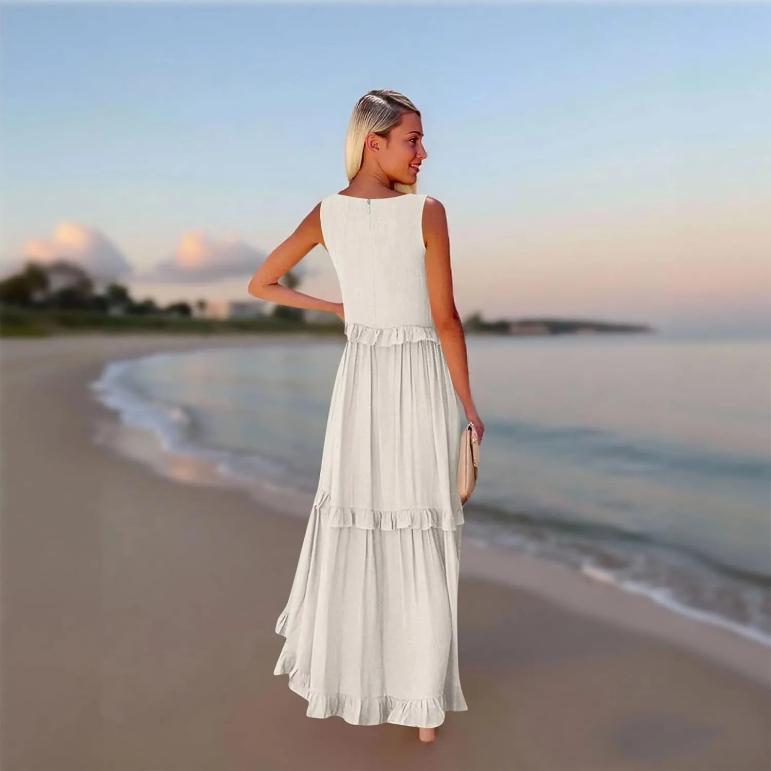 Plus Size Dresses for Curvy Women Summer Casual V-Neck Smocked Maxi Dress Loose Flowy Ruffle Sundress with Pockets