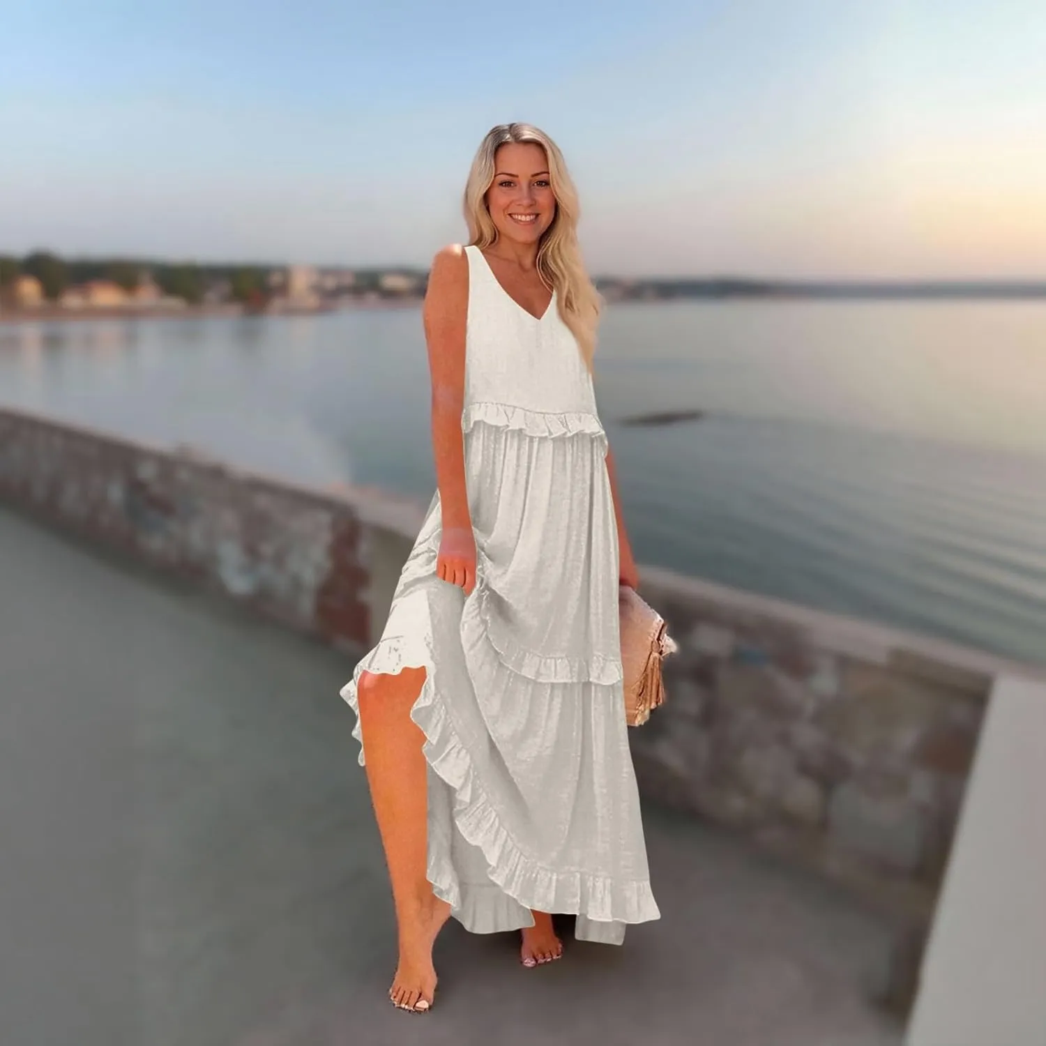Plus Size Dresses for Curvy Women Summer Casual V-Neck Smocked Maxi Dress Loose Flowy Ruffle Sundress with Pockets