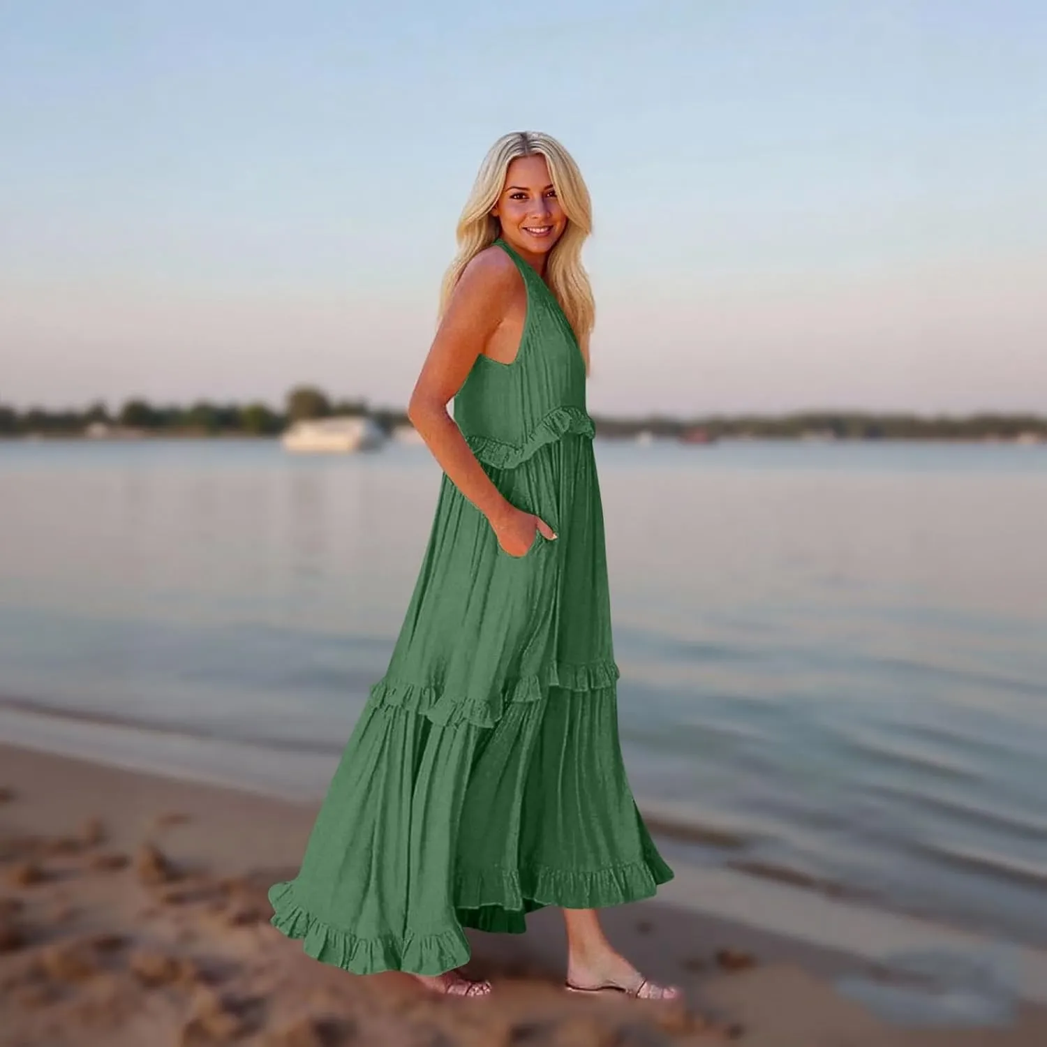 Plus Size Dresses for Curvy Women Summer Casual V-Neck Smocked Maxi Dress Loose Flowy Ruffle Sundress with Pockets