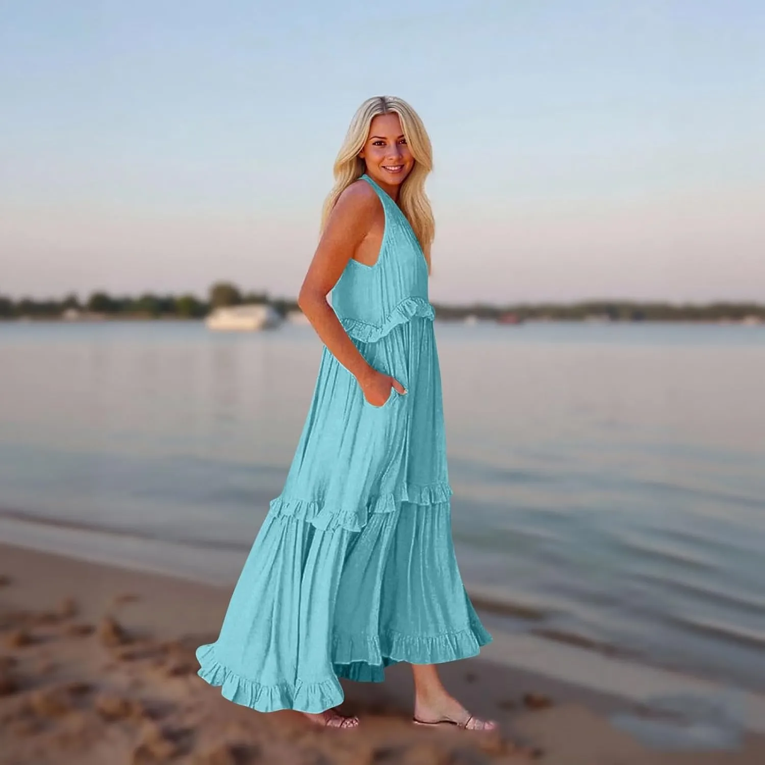Plus Size Dresses for Curvy Women Summer Casual V-Neck Smocked Maxi Dress Loose Flowy Ruffle Sundress with Pockets