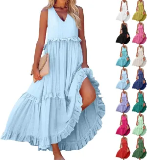 Plus Size Dresses for Curvy Women Summer Casual V-Neck Smocked Maxi Dress Loose Flowy Ruffle Sundress with Pockets