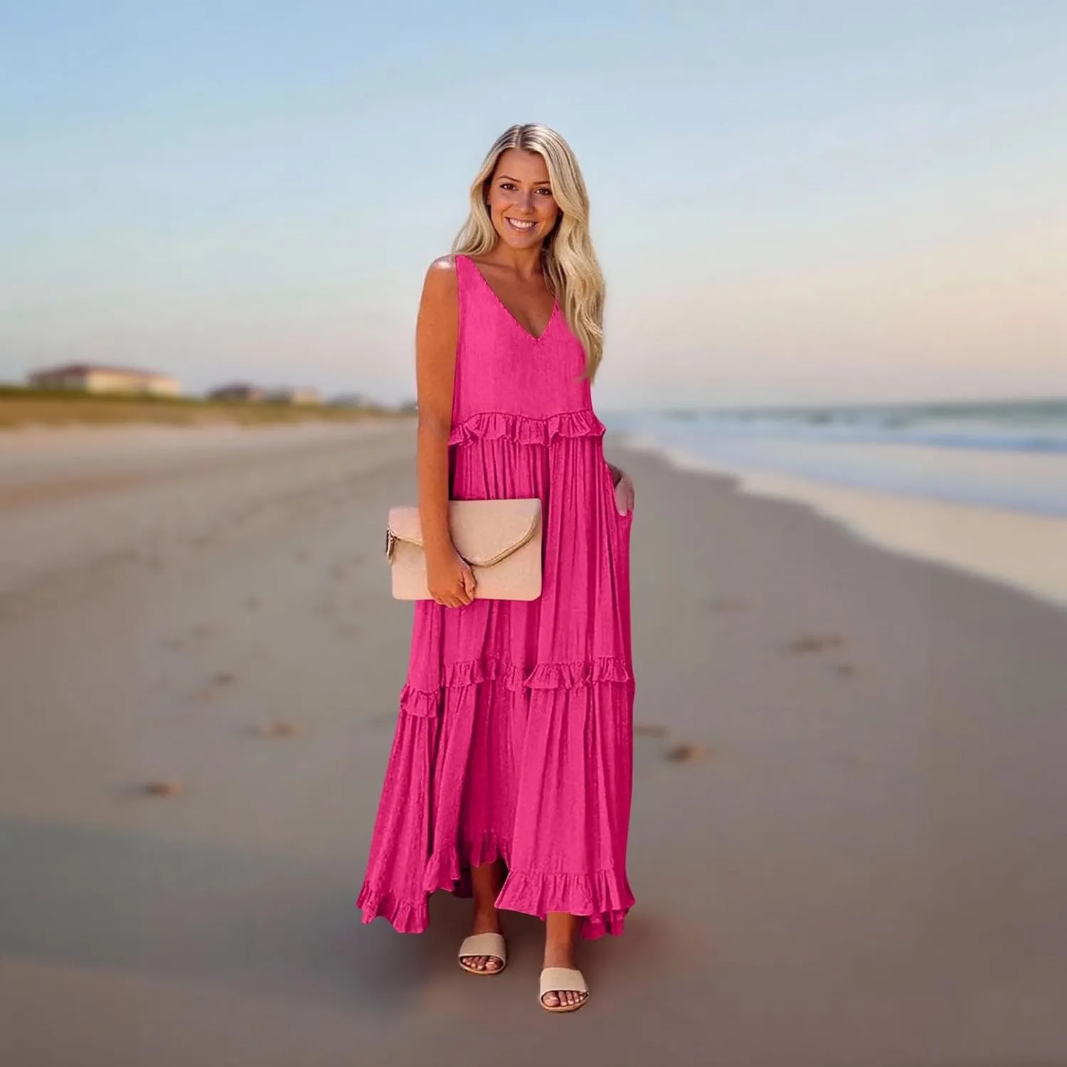 Plus Size Dresses for Curvy Women Summer Casual V-Neck Smocked Maxi Dress Loose Flowy Ruffle Sundress with Pockets