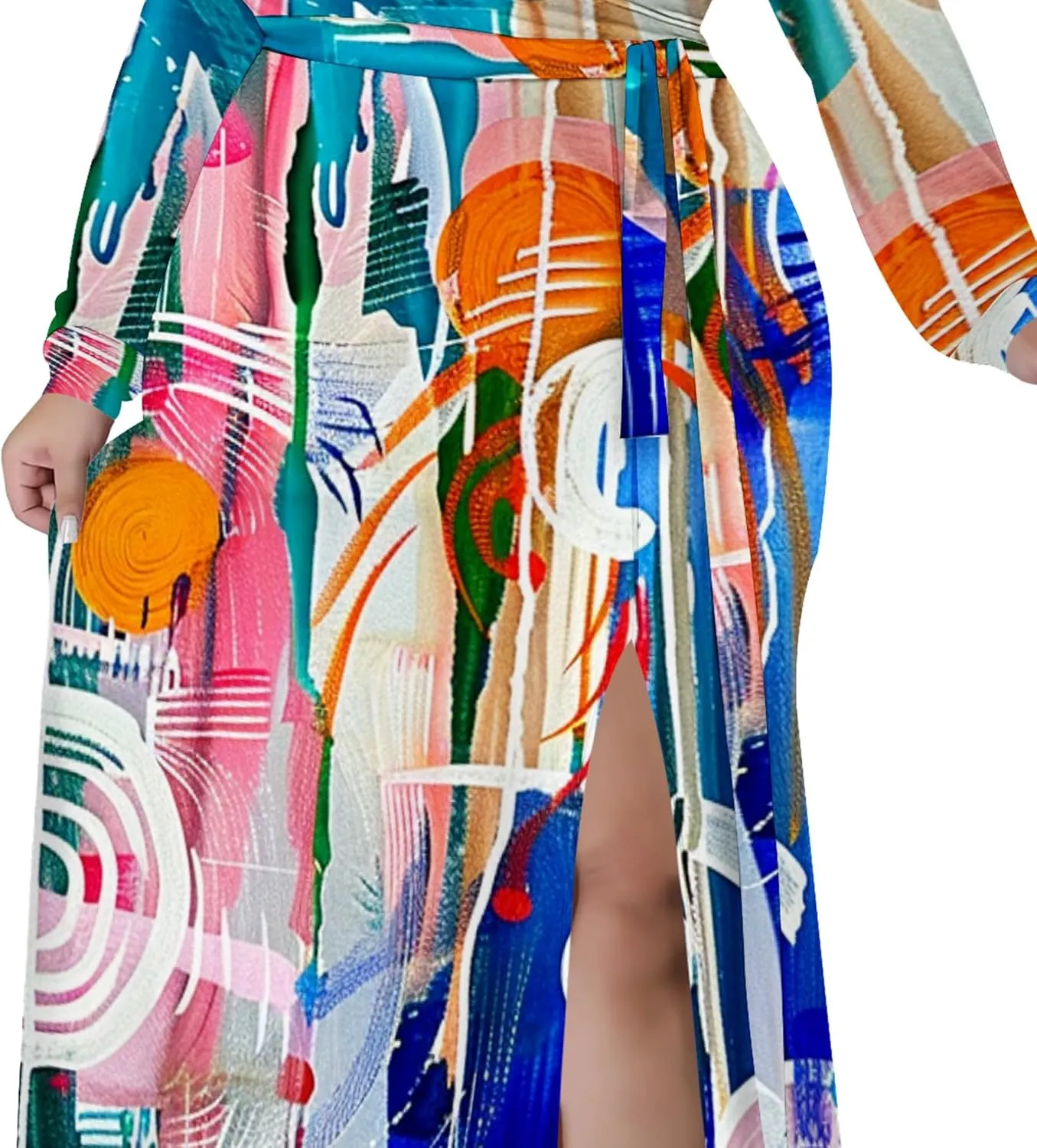 Plus Size Formal Maxi Dress for Women Sexy Long Sleeve Deep V Neck Side Split Cocktail Party Casual Dress with Belt