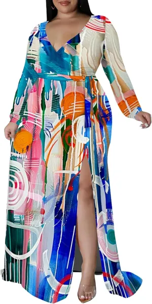 Plus Size Formal Maxi Dress for Women Sexy Long Sleeve Deep V Neck Side Split Cocktail Party Casual Dress with Belt