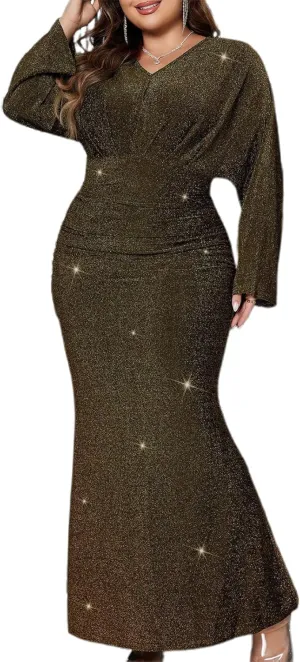 Plus Size Glitter Dress for Women Sequin Long Sleeve Cut Out Bodycon Midi Dress Club Cocktail Party Dresses