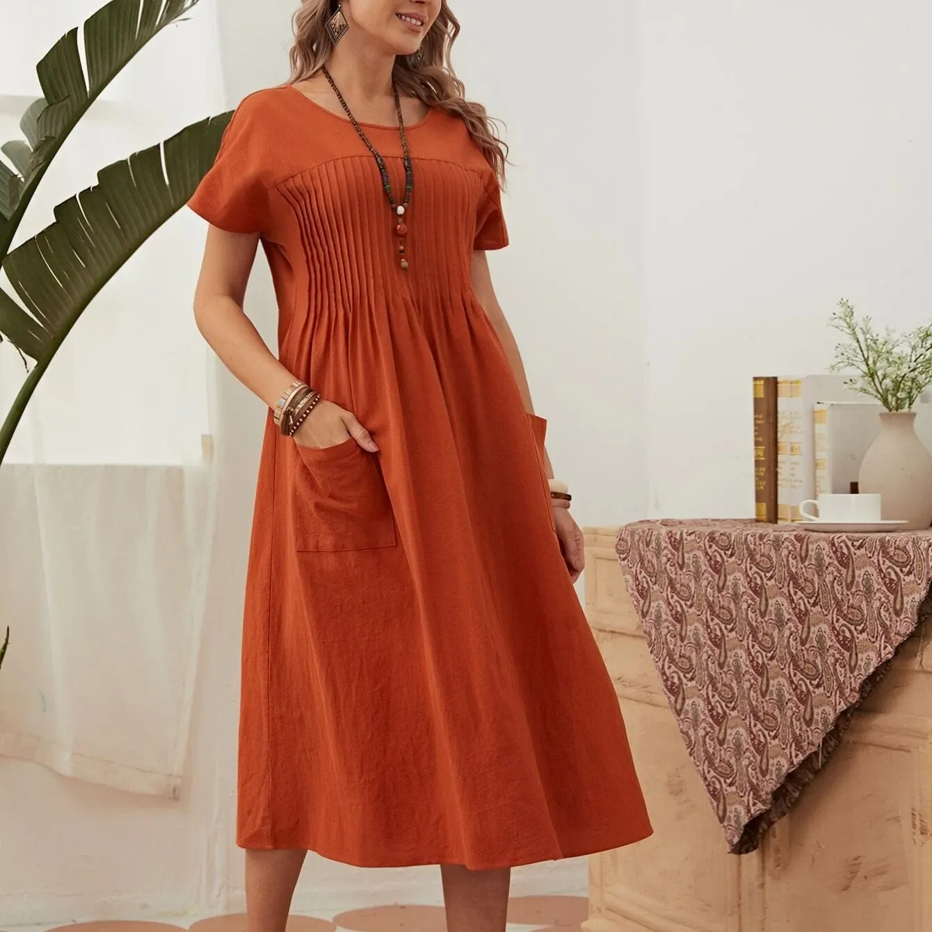 Plus Size Women Cotton Linen Loose Fitting Dress