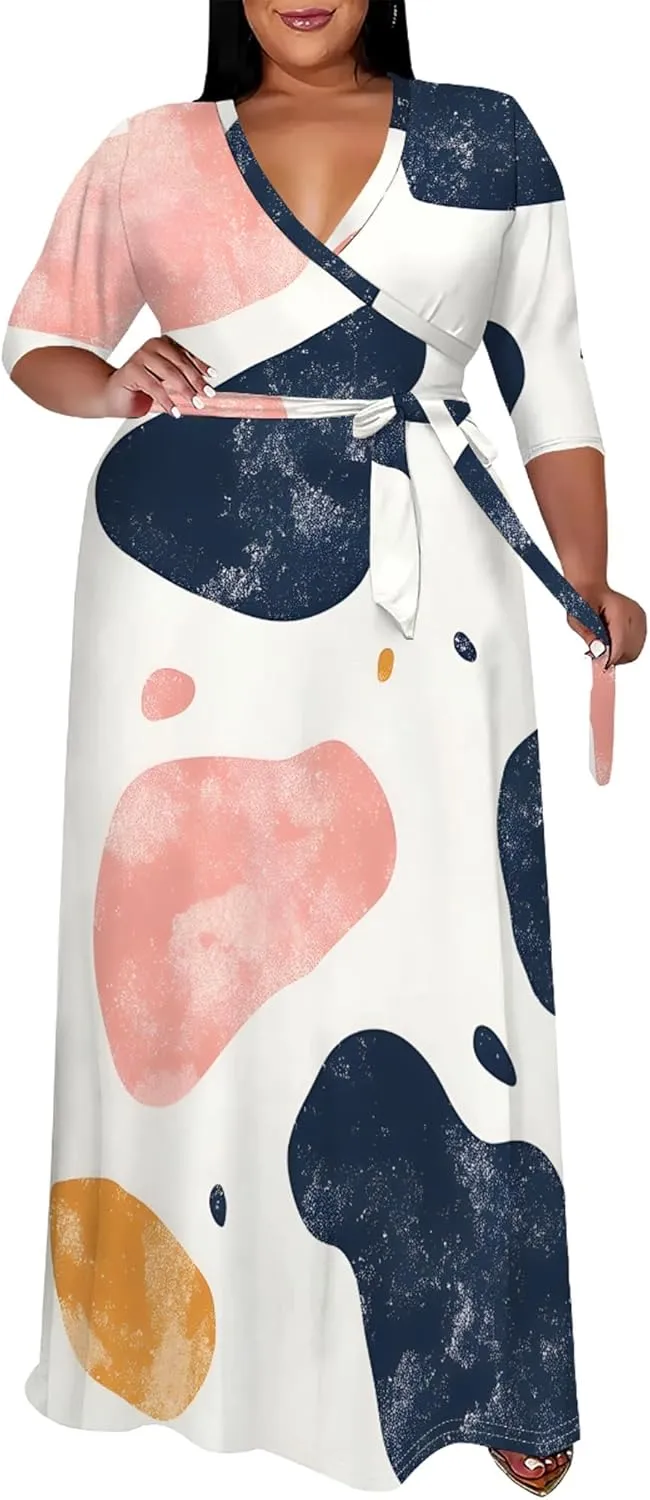 Plus Size Women's Autumn Dresses Long Flowy 3/4 Sleeve Dress Sexy V Neck Leopard Print Maxi Dress with Belt