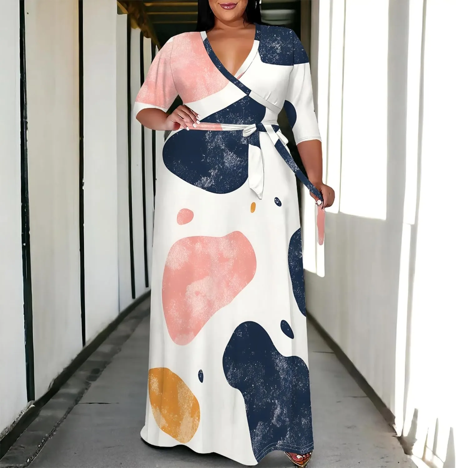 Plus Size Women's Autumn Dresses Long Flowy 3/4 Sleeve Dress Sexy V Neck Leopard Print Maxi Dress with Belt