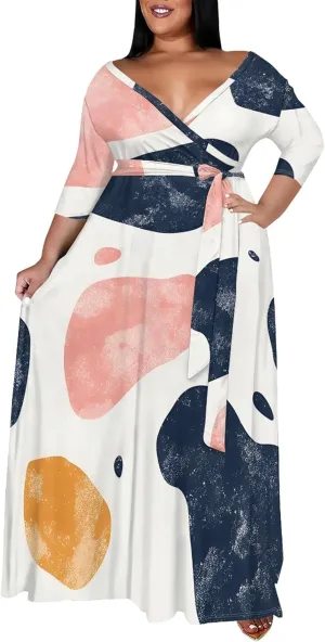 Plus Size Women's Autumn Dresses Long Flowy 3/4 Sleeve Dress Sexy V Neck Leopard Print Maxi Dress with Belt