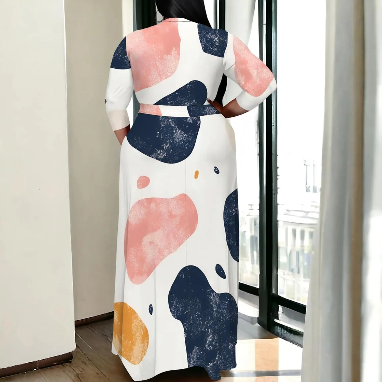 Plus Size Women's Autumn Dresses Long Flowy 3/4 Sleeve Dress Sexy V Neck Leopard Print Maxi Dress with Belt