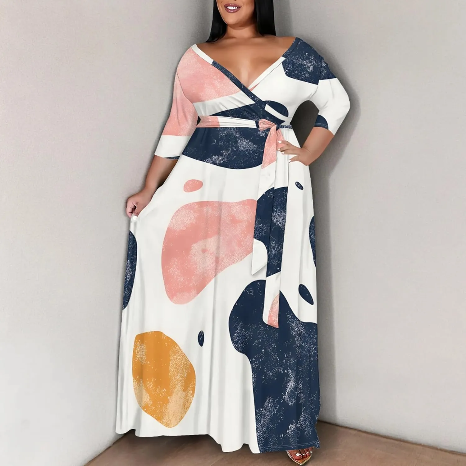 Plus Size Women's Autumn Dresses Long Flowy 3/4 Sleeve Dress Sexy V Neck Leopard Print Maxi Dress with Belt