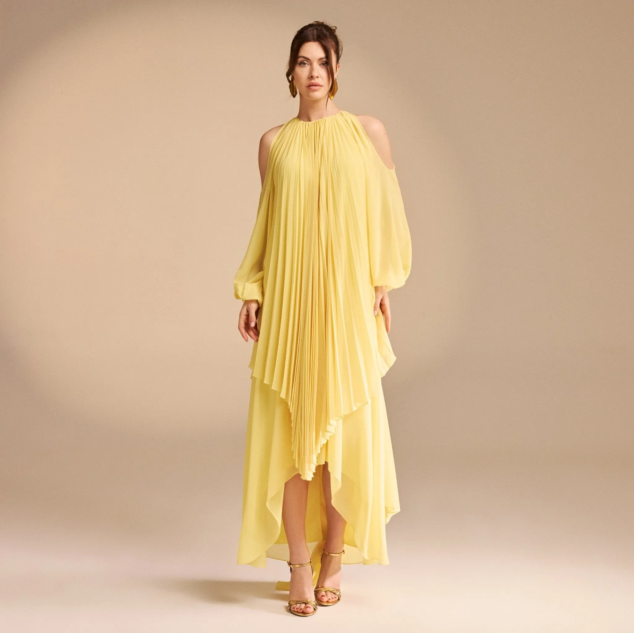 Poet Shoulder Pleated Long Sleeve Chiffon Dress