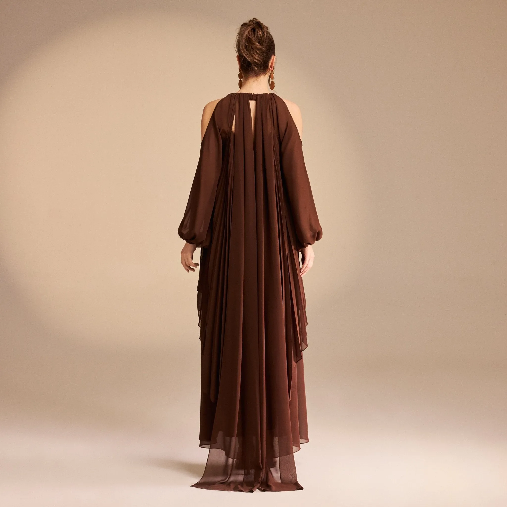 Poet Shoulder Pleated Long Sleeve Chiffon Dress