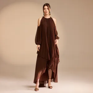 Poet Shoulder Pleated Long Sleeve Chiffon Dress