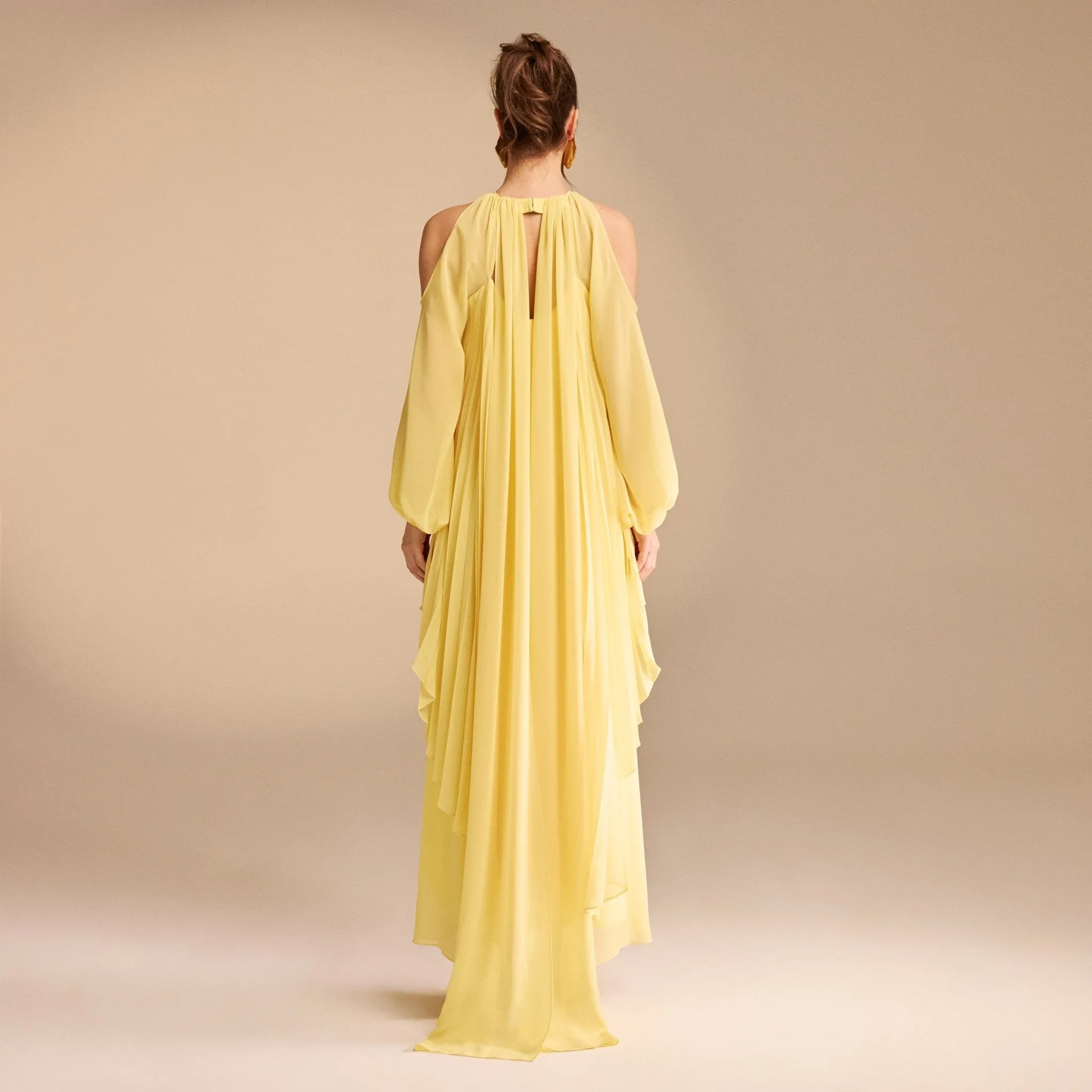 Poet Shoulder Pleated Long Sleeve Chiffon Dress
