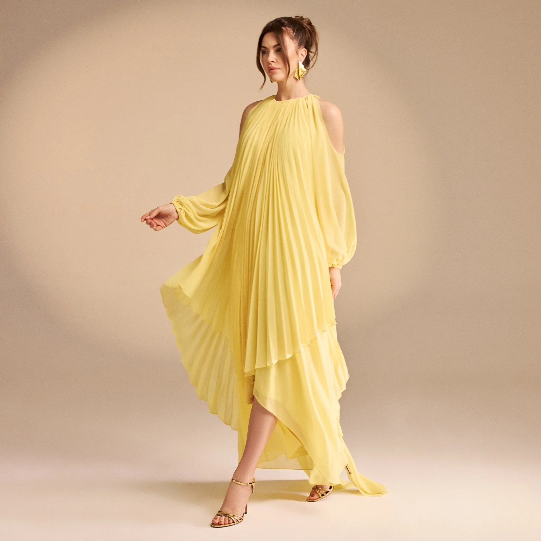 Poet Shoulder Pleated Long Sleeve Chiffon Dress