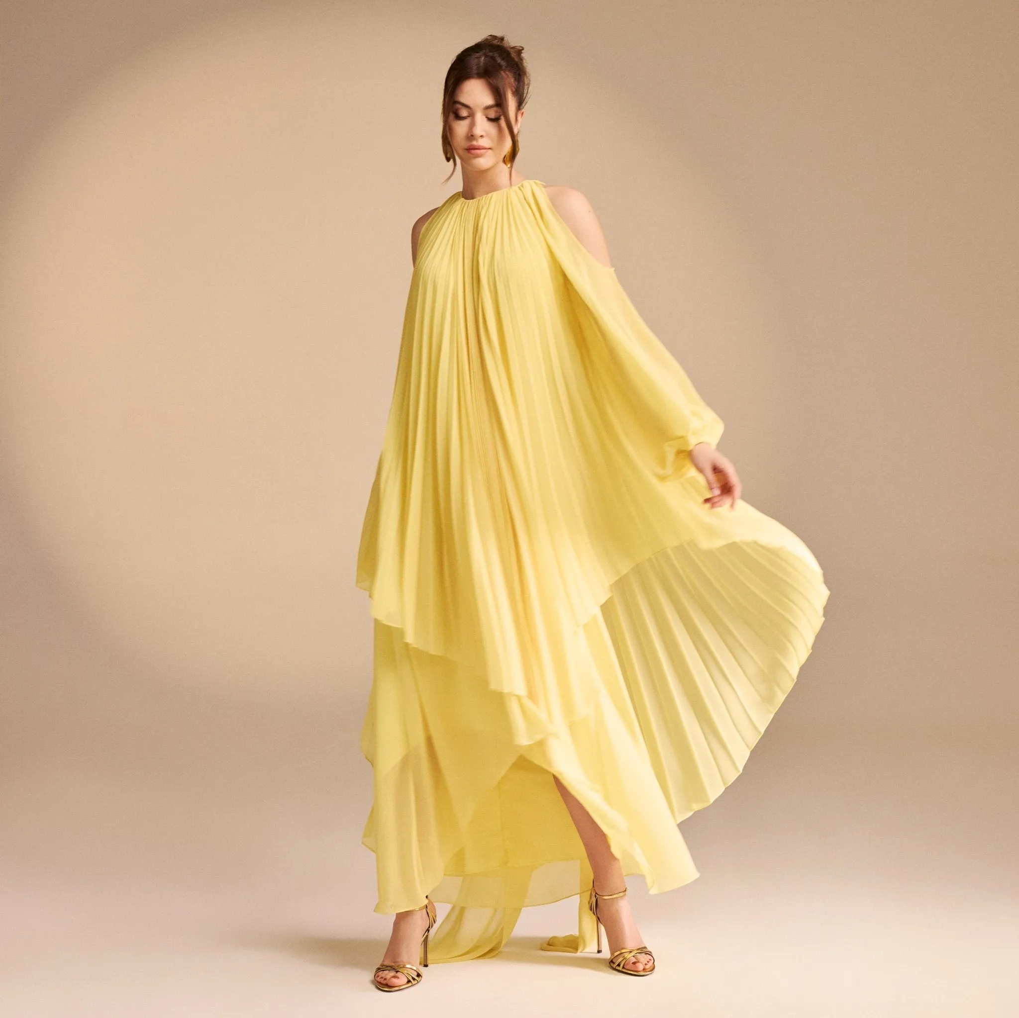 Poet Shoulder Pleated Long Sleeve Chiffon Dress