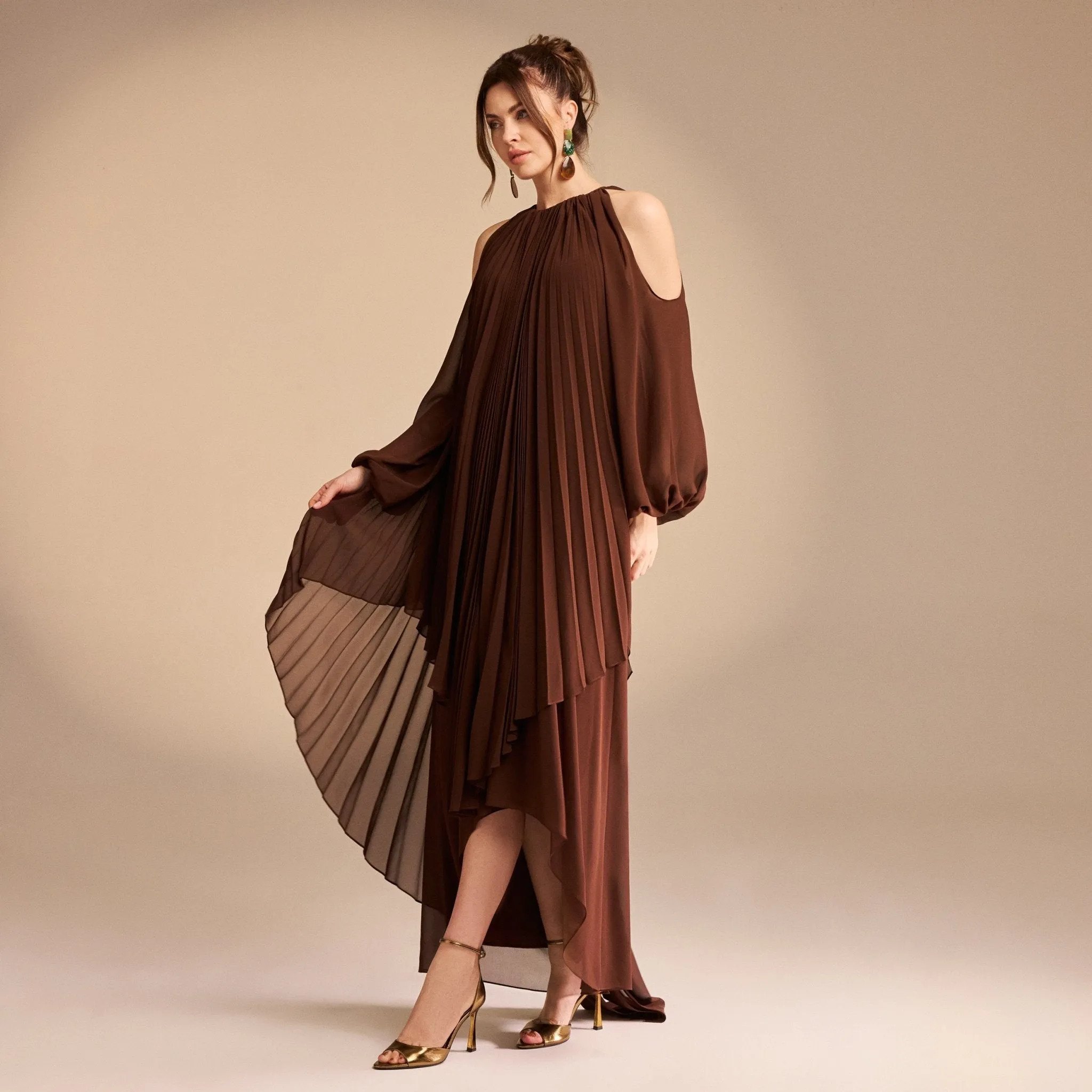 Poet Shoulder Pleated Long Sleeve Chiffon Dress