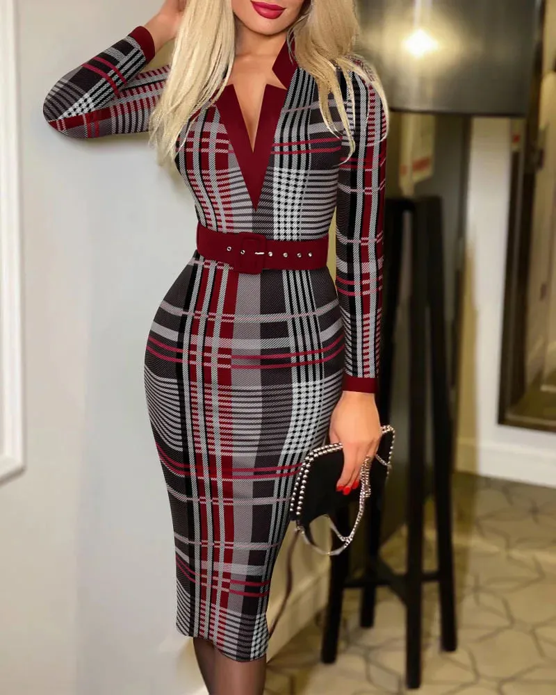 Polka Dot Print V Neck Long Sleeve Women's Clothing Midi Dress