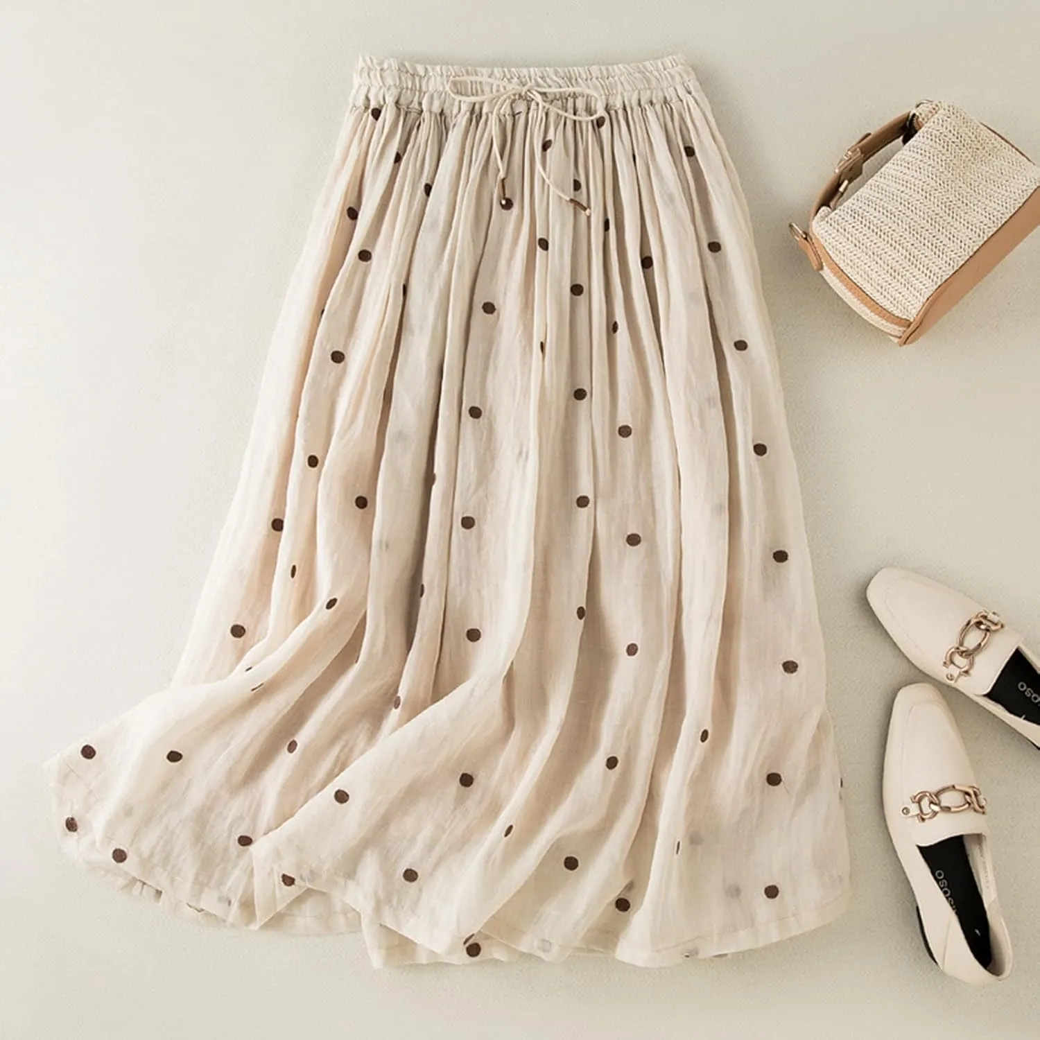 Polka Dot Tulle Skirts for Women 2025 Summer Drawstring High Waisted Elegant Flowy A-Line Swing Pleated Boho Midi Long Skirt
