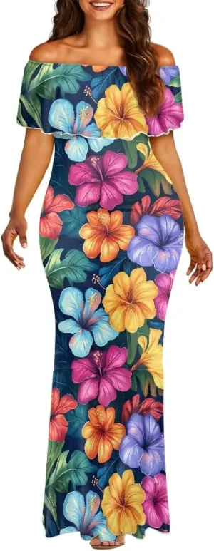 Polynesian Dresses for Women Off Shoulder Maxi Dress Puletasi Samoan Dresses S-7XL
