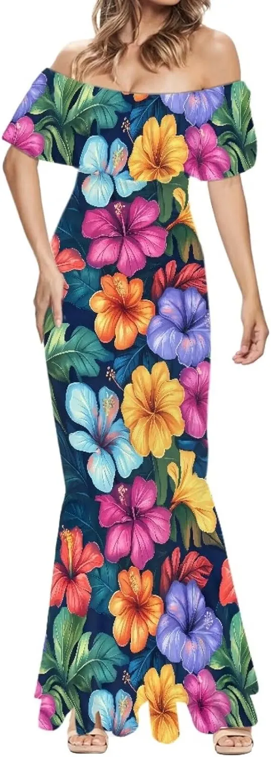 Polynesian Dresses for Women Off Shoulder Maxi Dress Puletasi Samoan Dresses S-7XL