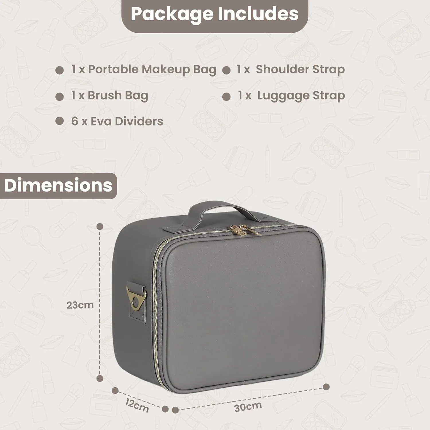 Portable Makeup Organizer  Portable PU leather Makeup Organizer Bag with Adjustable Strap Makeup Bag with Brush Storage Sturdy Dual Zip Closure with 6x Eva Dividers
