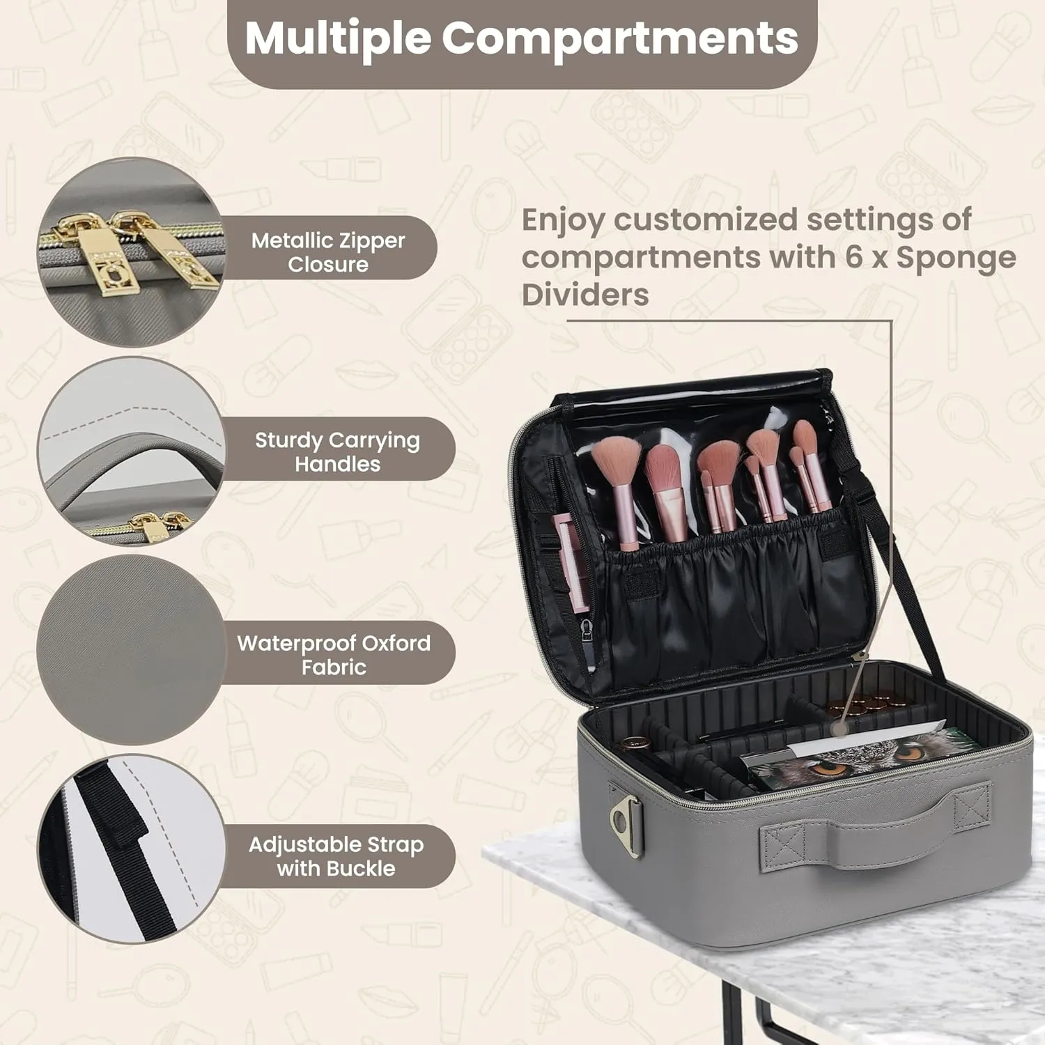 Portable Makeup Organizer  Portable PU leather Makeup Organizer Bag with Adjustable Strap Makeup Bag with Brush Storage Sturdy Dual Zip Closure with 6x Eva Dividers