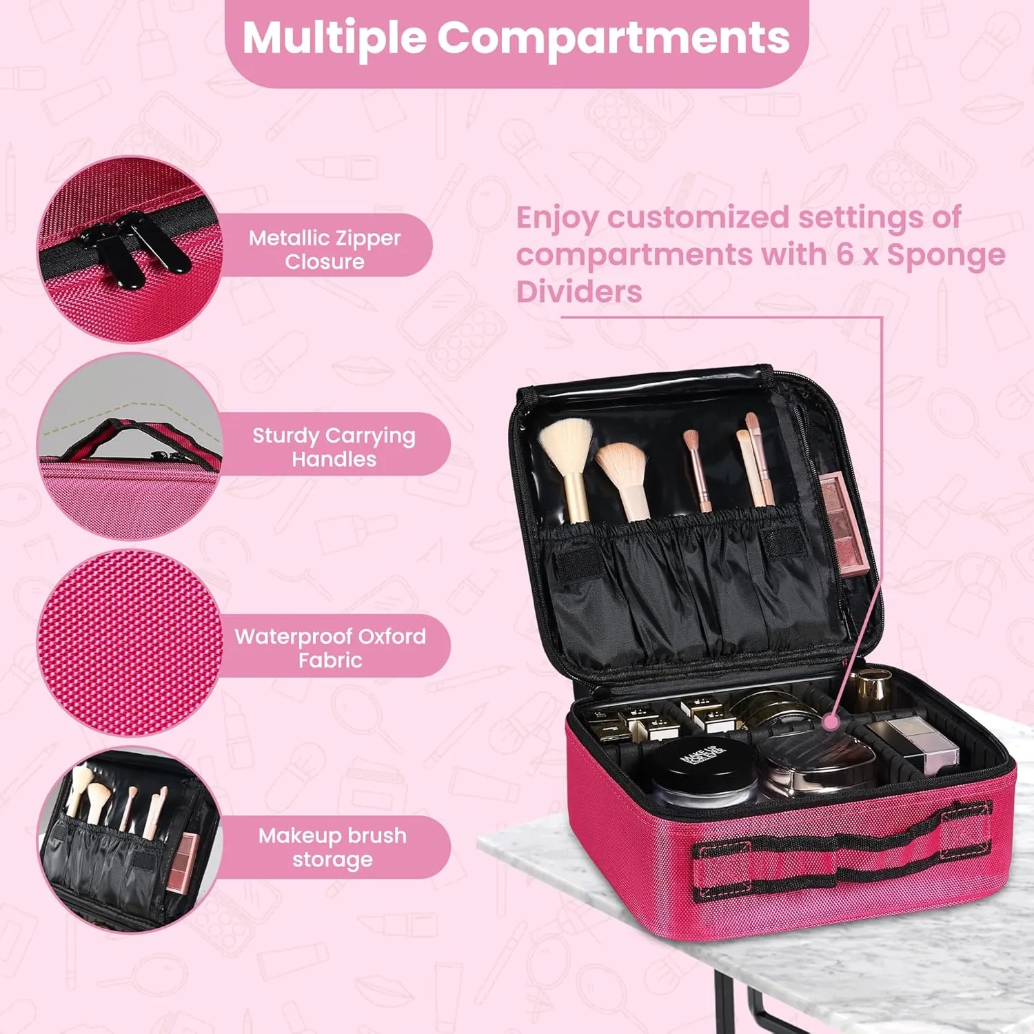 Portable Makeup Organizer  Portable PU leather Makeup Organizer Bag with Adjustable Strap Makeup Bag with Brush Storage Sturdy Dual Zip Closure with 6x Eva Dividers