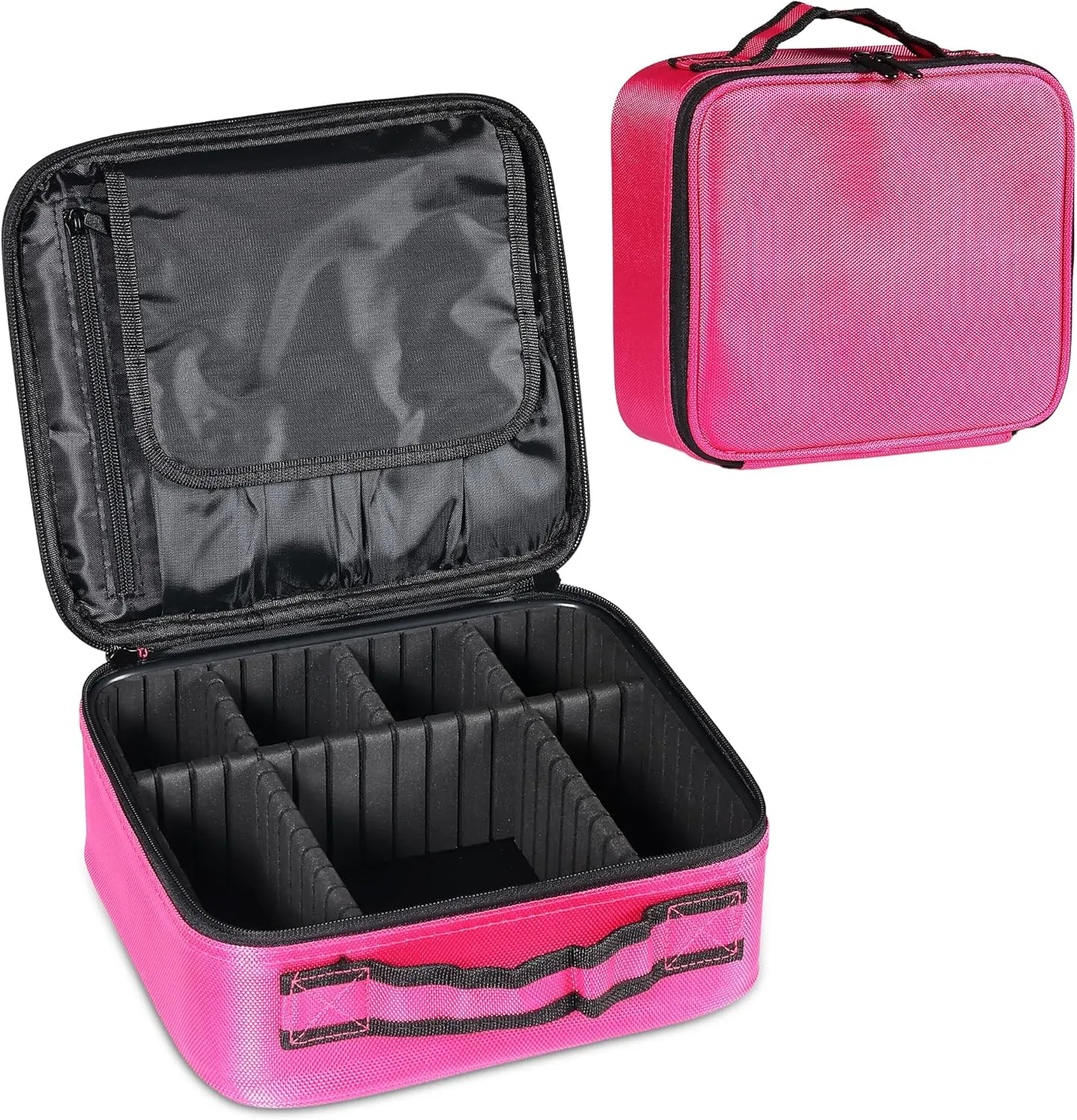 Portable Makeup Organizer  Portable PU leather Makeup Organizer Bag with Adjustable Strap Makeup Bag with Brush Storage Sturdy Dual Zip Closure with 6x Eva Dividers