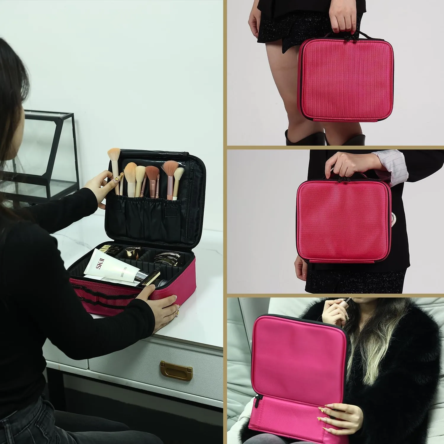Portable Makeup Organizer  Portable PU leather Makeup Organizer Bag with Adjustable Strap Makeup Bag with Brush Storage Sturdy Dual Zip Closure with 6x Eva Dividers