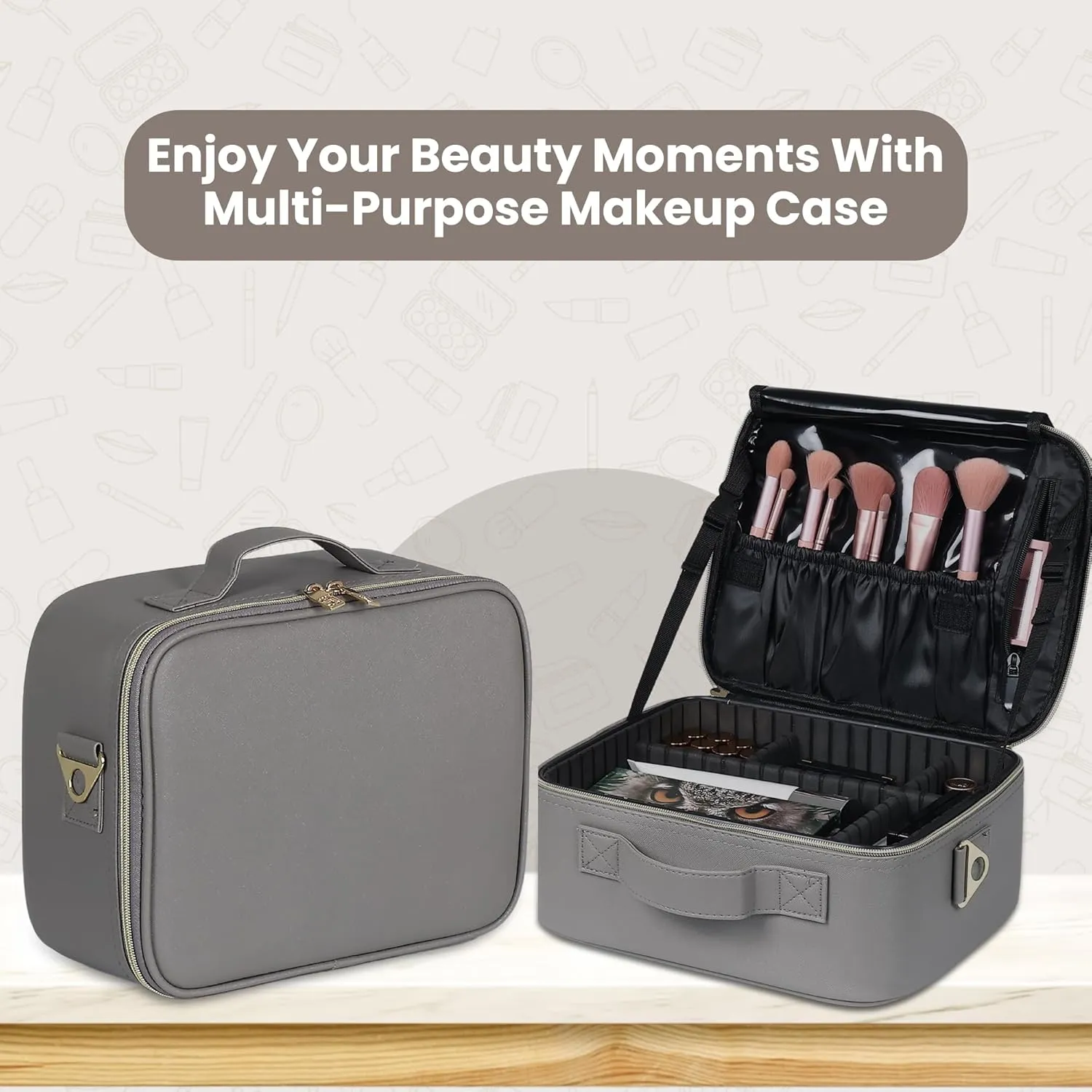 Portable Makeup Organizer  Portable PU leather Makeup Organizer Bag with Adjustable Strap Makeup Bag with Brush Storage Sturdy Dual Zip Closure with 6x Eva Dividers
