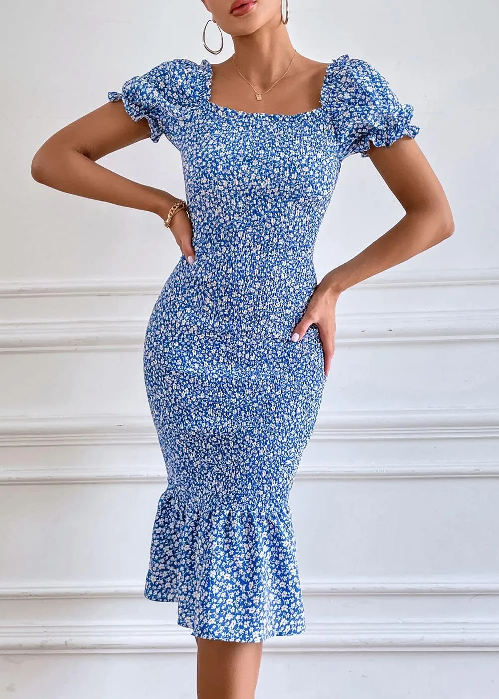 PRETTYGARDEN Summer Floral Bodycon Midi Dresses 2025 Puff Sleeve Mermaid Cocktail Baby Shower Photoshoot Maternity Dress