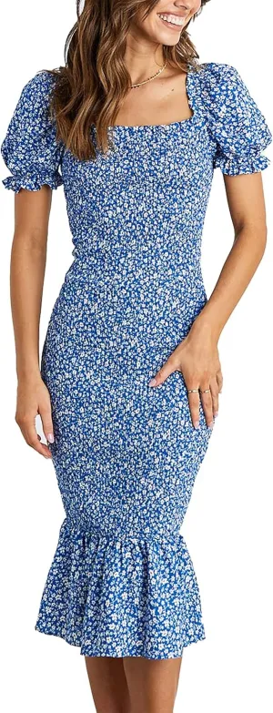 PRETTYGARDEN Summer Floral Bodycon Midi Dresses 2025 Puff Sleeve Mermaid Cocktail Baby Shower Photoshoot Maternity Dress