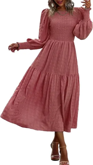PRETTYGARDEN Women 2025 Spring Puff Long Sleeve Crewneck Smocked Maxi Dress Empire Waist Tiered A-line Swing Flowy Long Dress