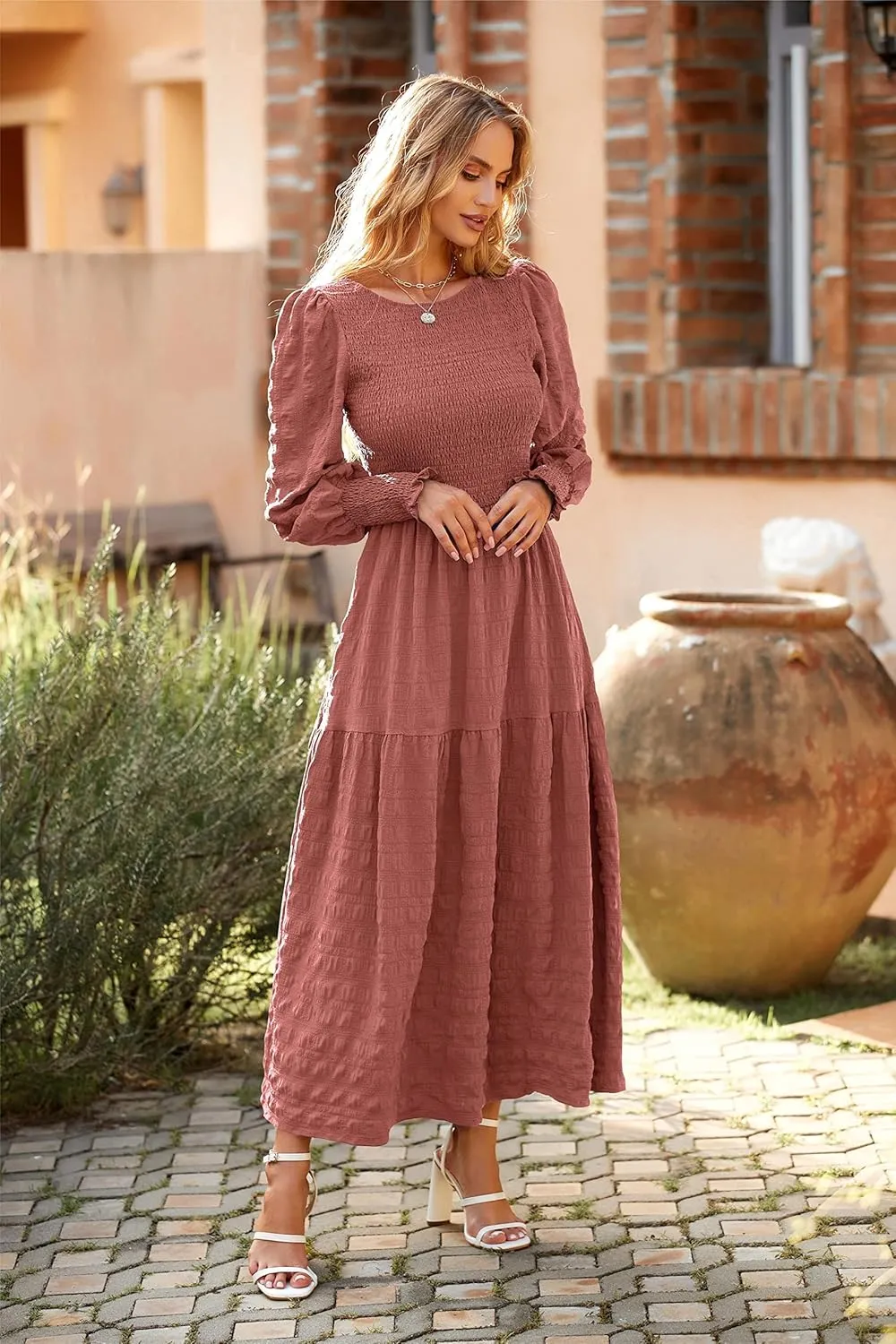 PRETTYGARDEN Women 2025 Spring Puff Long Sleeve Crewneck Smocked Maxi Dress Empire Waist Tiered A-line Swing Flowy Long Dress