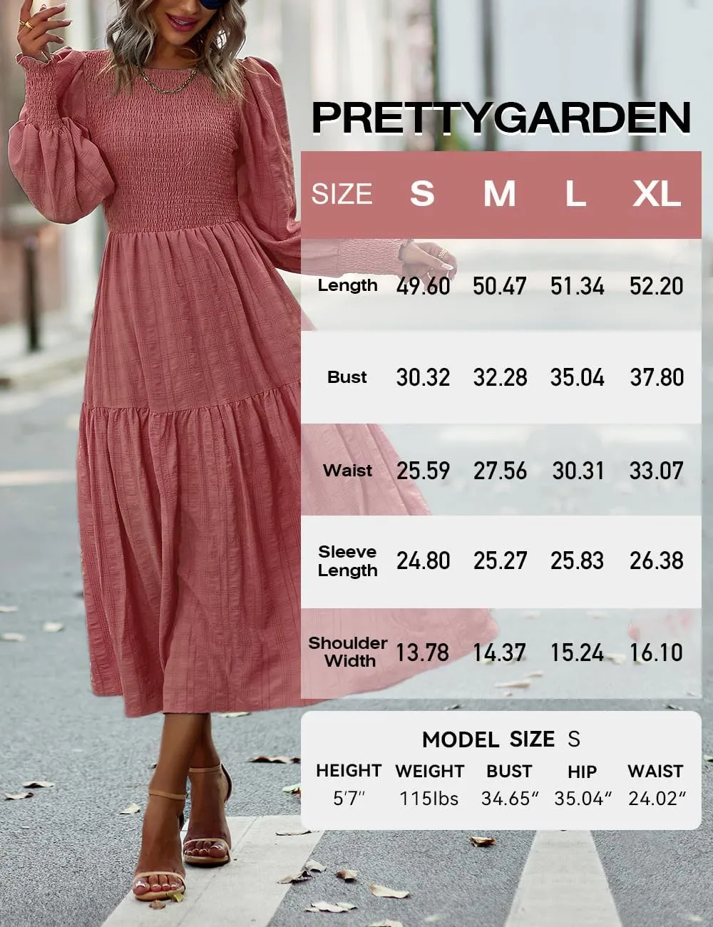 PRETTYGARDEN Women 2025 Spring Puff Long Sleeve Crewneck Smocked Maxi Dress Empire Waist Tiered A-line Swing Flowy Long Dress
