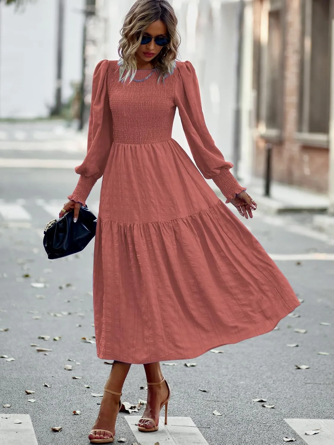 PRETTYGARDEN Women 2025 Spring Puff Long Sleeve Crewneck Smocked Maxi Dress Empire Waist Tiered A-line Swing Flowy Long Dress