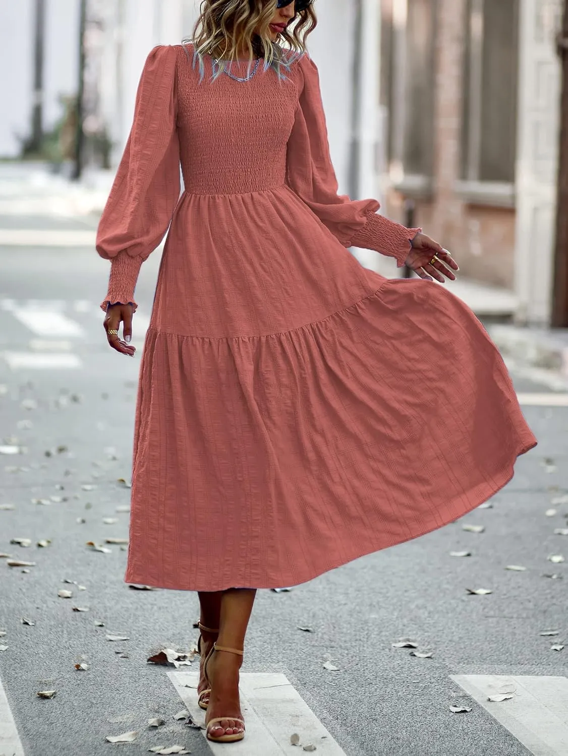 PRETTYGARDEN Women 2025 Spring Puff Long Sleeve Crewneck Smocked Maxi Dress Empire Waist Tiered A-line Swing Flowy Long Dress