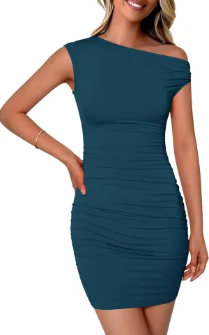 PRETTYGARDEN Women's 2025 Spring Mini Dress Sleeveless Off The Shoulder Ruched Short Fashion Bodycon Party Summer Dresses