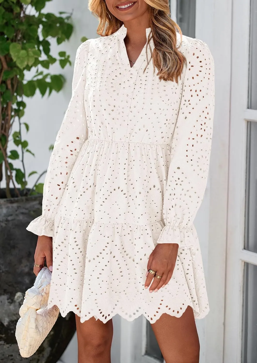 PRETTYGARDEN Women's Spring 2025 Long Puff Sleeve Mini Dress Hollow Out Lace V Neck A Line Ruffle Casual Party Dresses