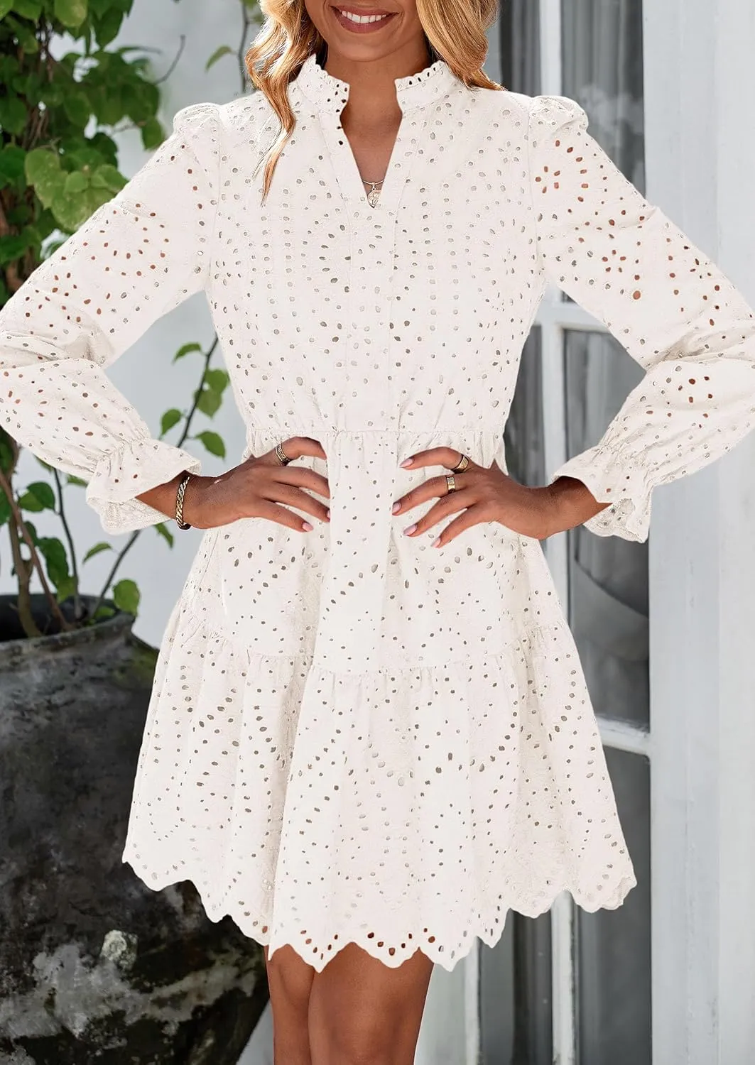PRETTYGARDEN Women's Spring 2025 Long Puff Sleeve Mini Dress Hollow Out Lace V Neck A Line Ruffle Casual Party Dresses