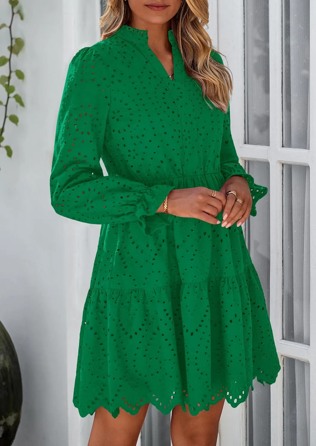 PRETTYGARDEN Women's Spring 2025 Long Puff Sleeve Mini Dress Hollow Out Lace V Neck A Line Ruffle Casual Party Dresses