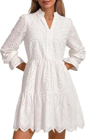 PRETTYGARDEN Women's Spring 2025 Long Puff Sleeve Mini Dress Hollow Out Lace V Neck A Line Ruffle Casual Party Dresses