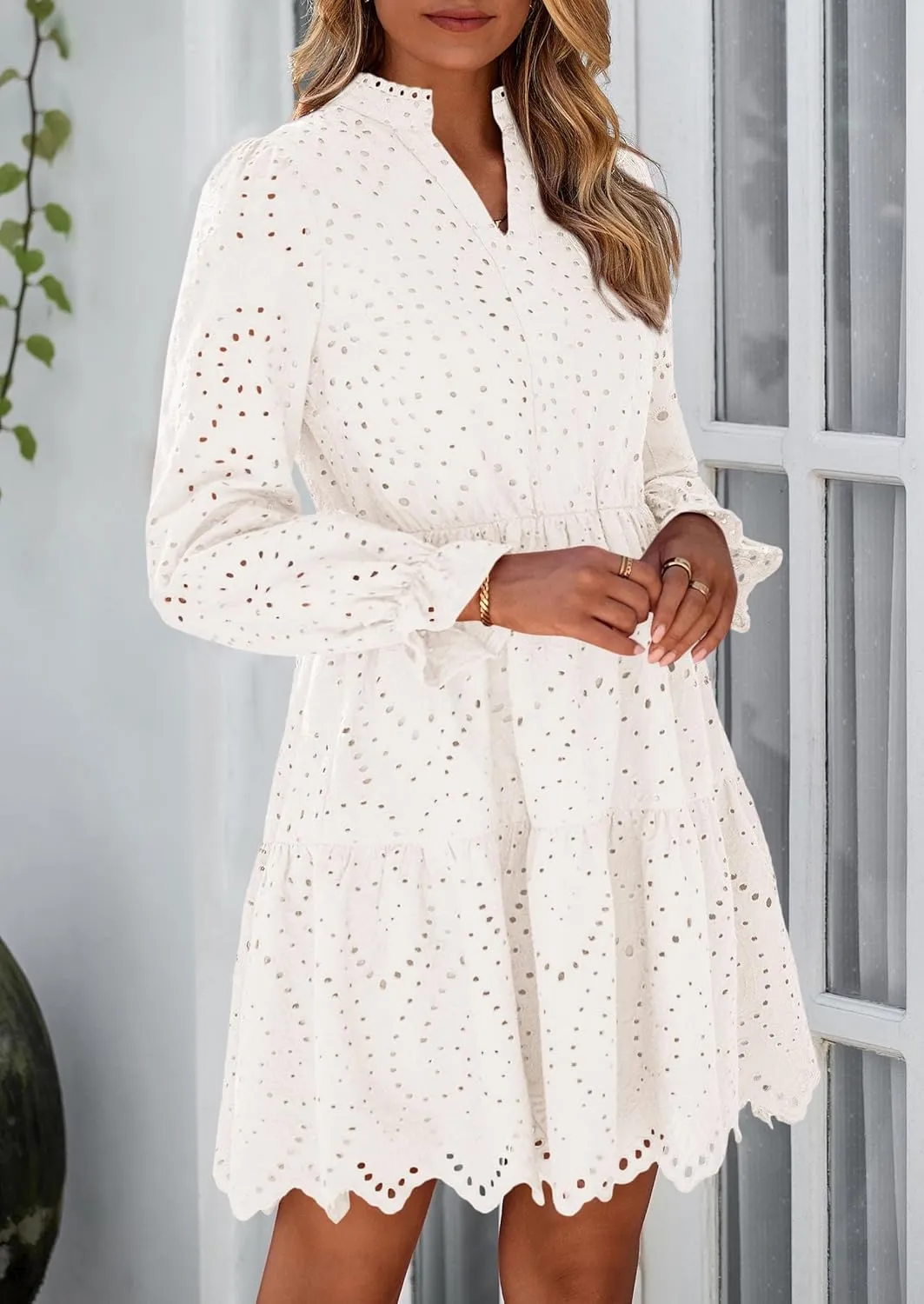 PRETTYGARDEN Women's Spring 2025 Long Puff Sleeve Mini Dress Hollow Out Lace V Neck A Line Ruffle Casual Party Dresses