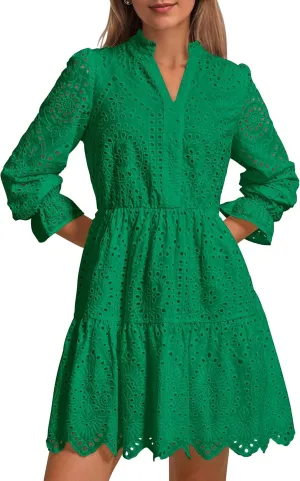 PRETTYGARDEN Women's Spring 2025 Long Puff Sleeve Mini Dress Hollow Out Lace V Neck A Line Ruffle Casual Party Dresses