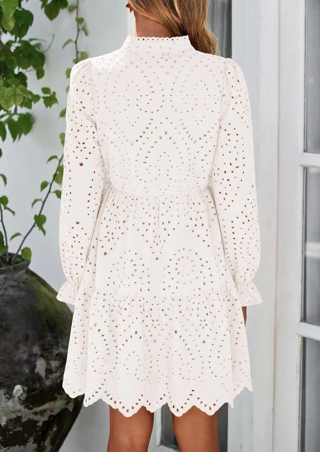 PRETTYGARDEN Women's Spring 2025 Long Puff Sleeve Mini Dress Hollow Out Lace V Neck A Line Ruffle Casual Party Dresses